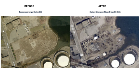 RIGIS aerial images taken in 2008 and 2023 show the impact of the Rhode Island Recycled Metals operation on the coastline. CRMC has taken no action.